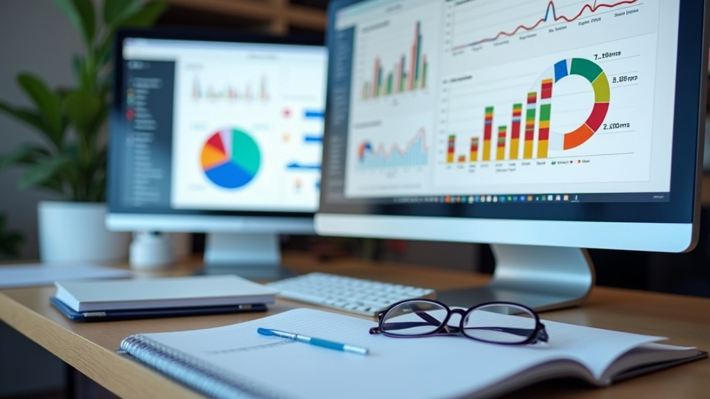 A collection of SEO tools, charts, and graphs displayed on a computer and notebook on a desk, emphasizing digital marketing analytics.