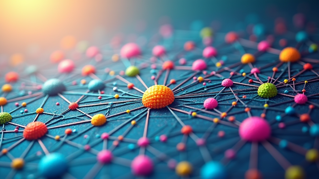 A colorful network of interconnected dots representing organic lead generation and low-cost marketing tools