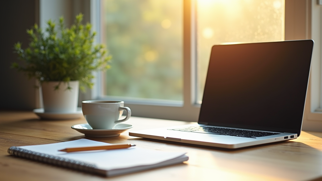 A work desk with a laptop, coffee, notepad, and pen, surrounded by sunlight and an open window with plants, representing a focused business mindset