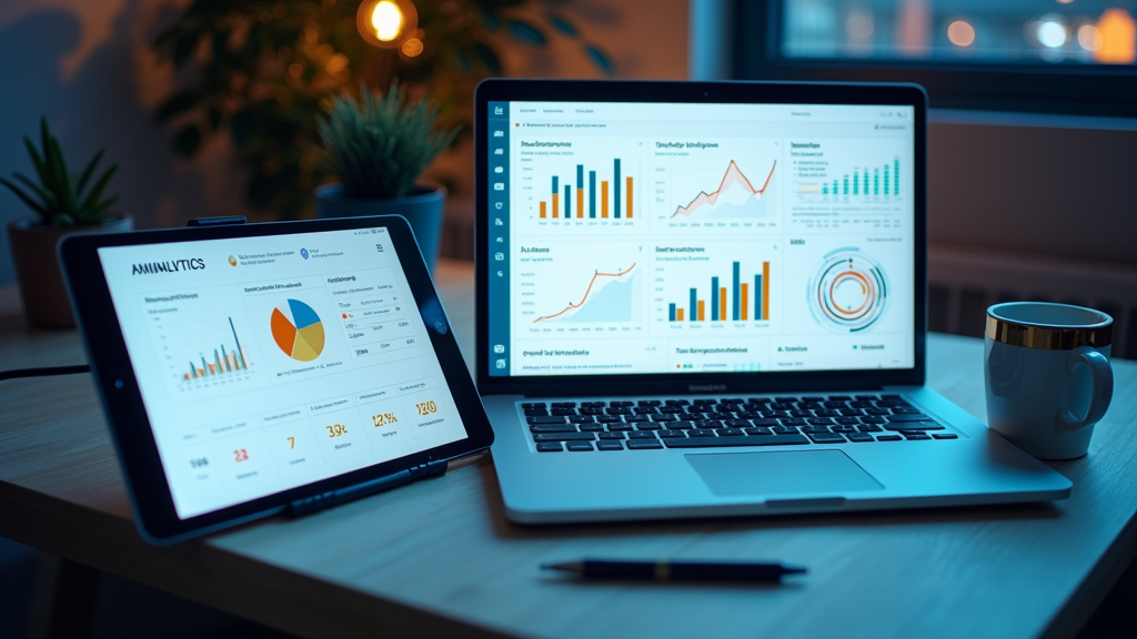AI-driven dashboard with charts, SEO reports, and website analytics displayed on a laptop and tablet in a focused workspace.