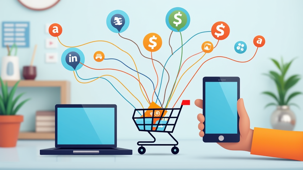 Illustration of a laptop, phone, and shopping cart interconnected by affiliate marketing tracking symbols